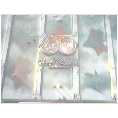 1972 Ford Ranchero - A close-up of a vehicle emblem with 'STEYR PUCH' and 'Hofinger 4-WHEEL DRIVE' text.
