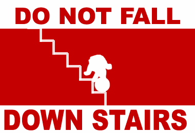 1993 Ford Bronco - A warning sign advises against falling down stairs, bold red and white text and a graphic illustration.