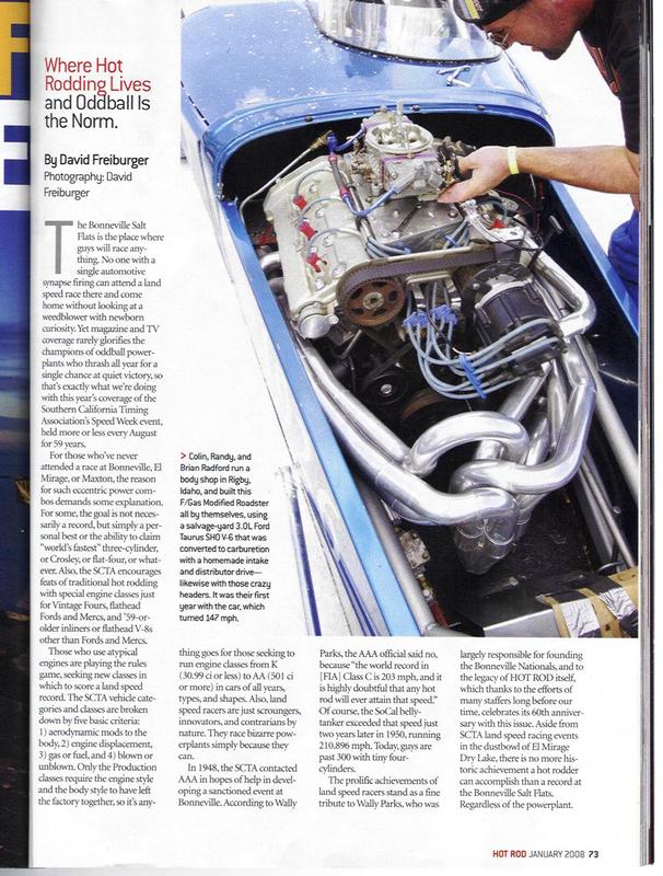 Magazine article on Bonneville oddball racers with a salvaged Taurus SHO 3.0L V6 in an F/Gas Modified Roadster