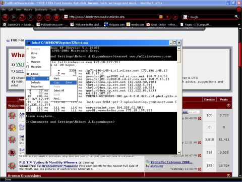 1993 Ford Bronco - A computer screen shows a command prompt window with traceroute results and a context menu.