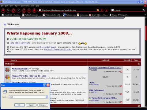 1993 Ford Bronco - A screenshot of a computer screen shows a forum website with a 'Run' dialog box open in the foreground.