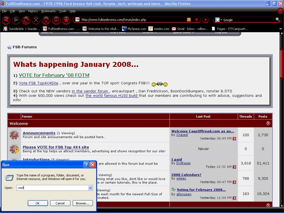 Computer screen displaying a forum website with a 'Run' dialog box open