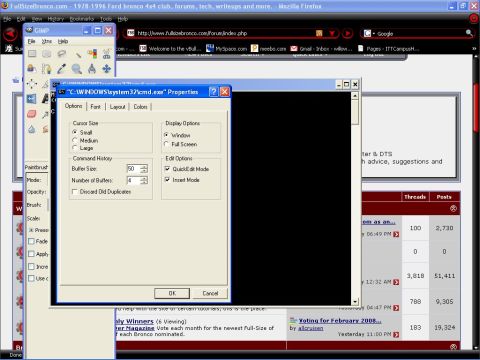 1993 Ford Bronco - A computer screen displays a web forum and a command prompt properties window.