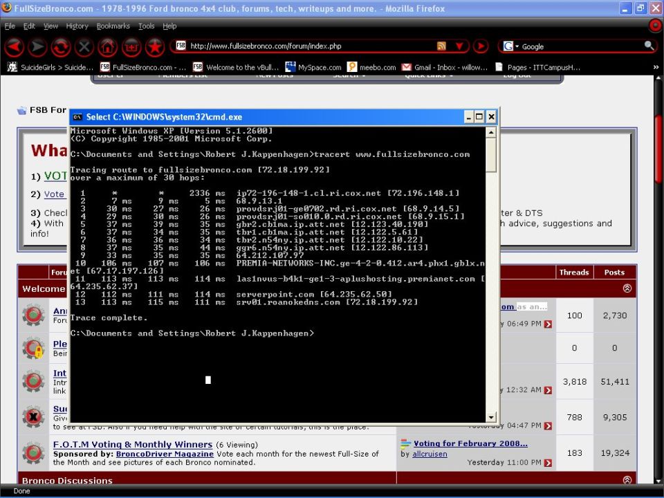 Computer screen displaying a command prompt window with traceroute results