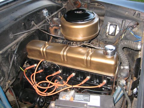 1953 Ford Mainline - Close-up of an engine bay, a gold valve cover and black engine block with orange spark plug wires.