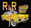1953 Ford Mainline - 1955 Chevrolet shown with a pin-up girl and the R&R Speed Shop logo.