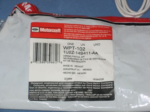 2000 Ford Crown Victoria - Motorcraft wiring pigtail kit package, printed in USA in 2004, with part number WPT-102.