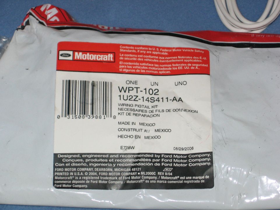 Motorcraft WPT-102 wiring pigtail kit package with barcode and part number 1U2Z-14S411-AA