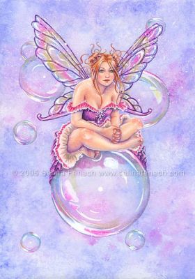1993 Ford Bronco - A whimsical illustration depicts a fairy perched atop a large bubble, with smaller bubbles floating around her.