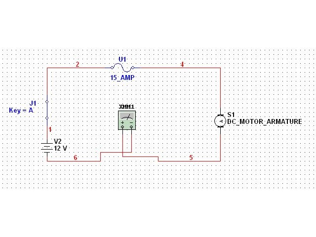 Circuit schematic of 12V source, 15 amp fuse, multimeter and DC motor armature
