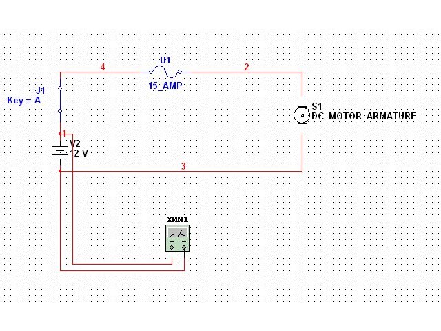 Circuit schematic of 12V source, 15 amp fuse, DC motor armature and multimeter