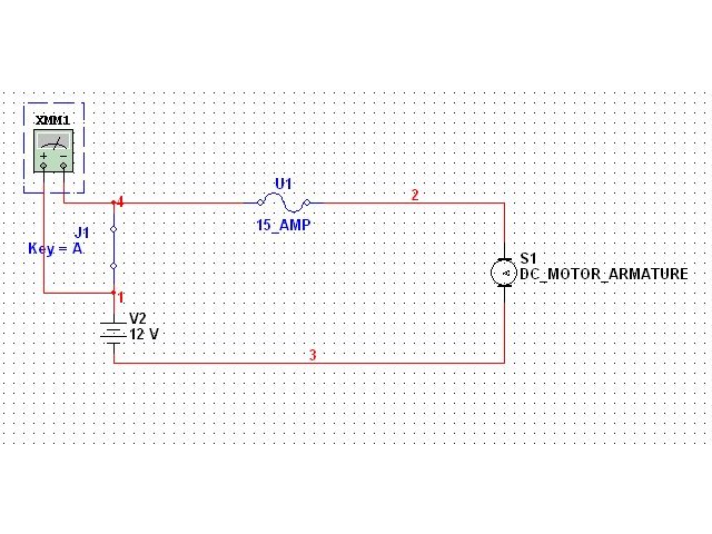 Circuit schematic with multimeter, switch, 15 amp fuse, 12V source and DC motor armature