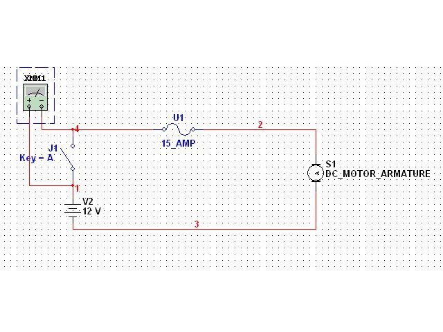 Circuit schematic with multimeter, switch, 15 amp fuse, 12V source and DC motor armature