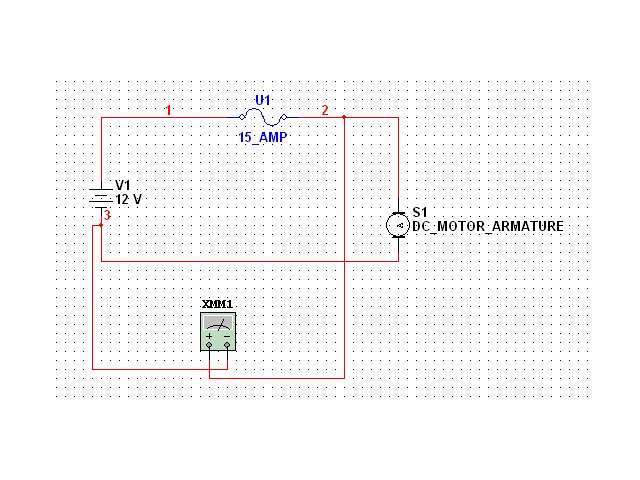 Circuit schematic with 15 amp fuse, 12V source, DC motor armature and multimeter
