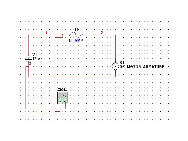 Circuit schematic with 15 amp fuse, 12V source, DC motor armature and multimeter