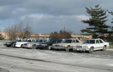 1988 Mercury Grand Marquis - A row of Mercury Grand Marquis sedans, including a white 1988 model, are parked in a lot under a cloudy sky.