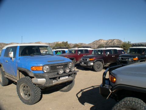 2007 Toyota FJ Cruiser - A group of FJ Cruisers are gathered on a sunny day in a dry, mountainous area.