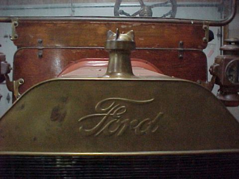 1912 Ford Model T - Close-up of the Ford radiator and hood ornament on a 1912 Model T.