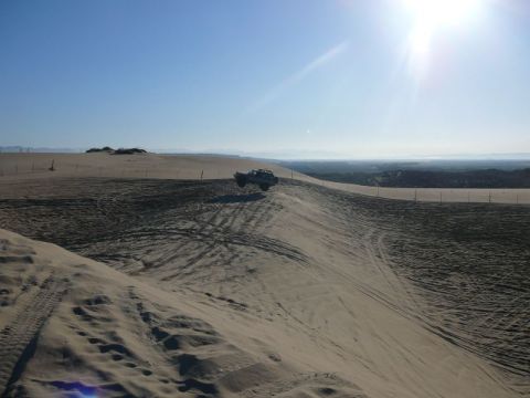 1988 Ford Bronco - A vehicle takes flight while cresting a sand dune under a bright sun.