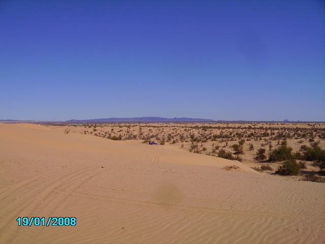 Desert dunes under a clear blue sky with a small vehicle in the distance. Date stamp 19/01/2008