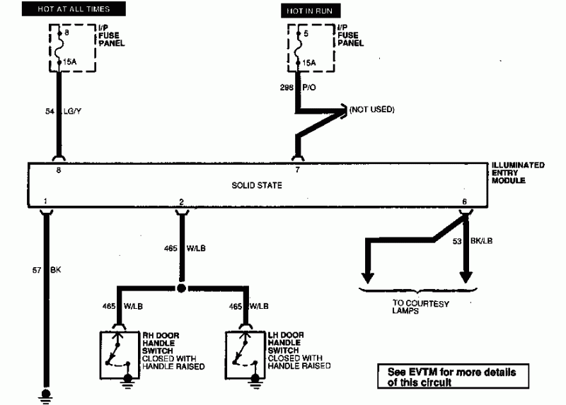 Illuminated entry module wiring diagram with door handle switches and courtesy lamp circuits