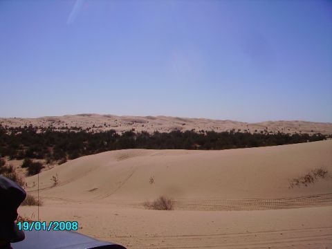 1990 Ford Bronco - A vehicle's fender and mirror are visible in the foreground of a desert landscape with sand dunes under a clear blue sky.