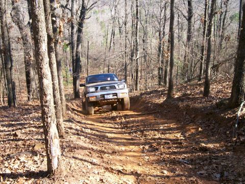 1993 Ford Bronco - A silver Toyota Tacoma navigates a muddy trail through a wooded area.
