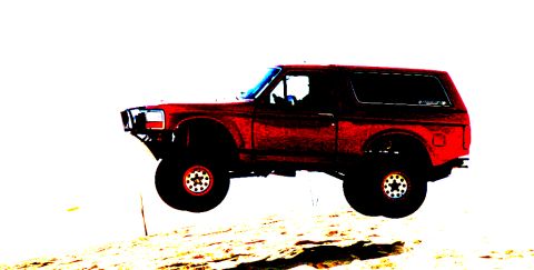 1984 Ford Bronco - This lifted Ford Bronco is captured mid-air, appearing to jump over a sandy terrain.