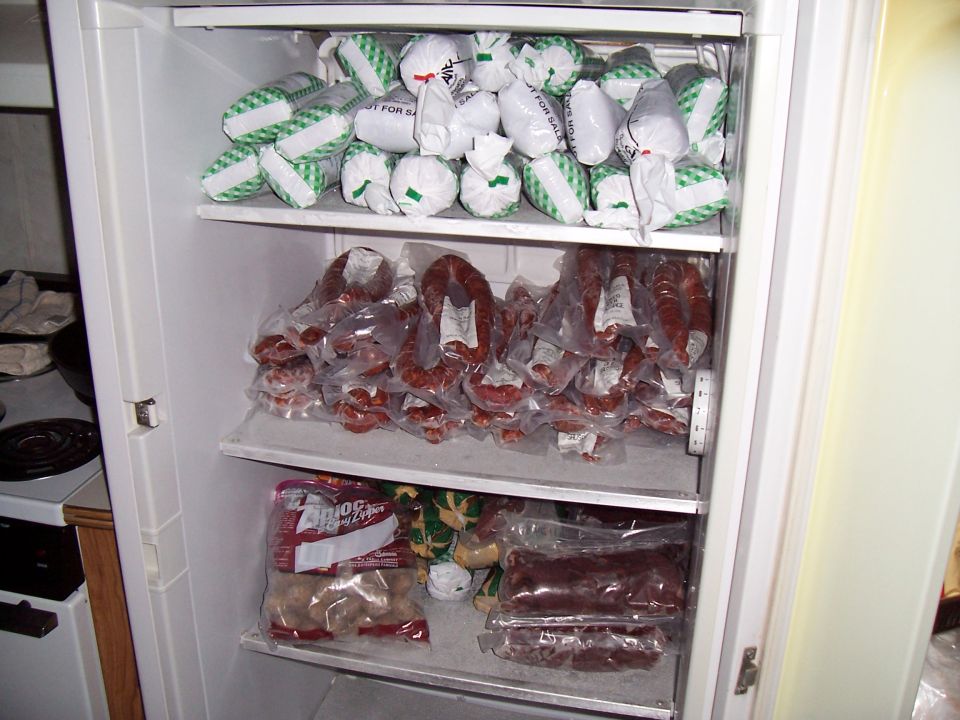 Freezer filled with packages of meat and sausages