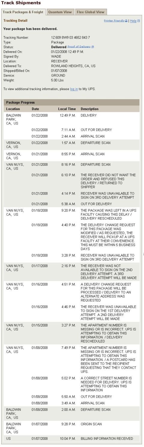 1993 Ford Taurus - This document displays the shipping progress and delivery attempts for a package.