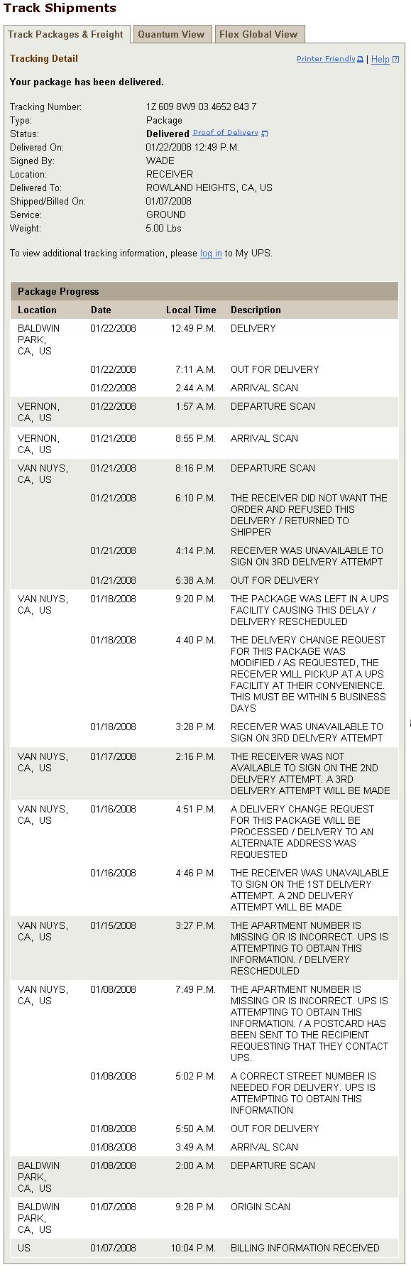 UPS package tracking shipment status screenshot showing delivered and refused order history