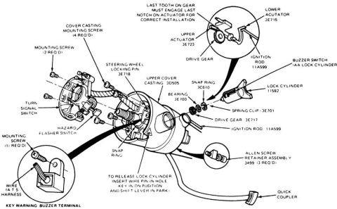 1986 Ford Bronco - Exploded parts breakdown of a Ford steering column showing the ignition lock cylinder, actuators, drive gear, and turn signal switch compon…