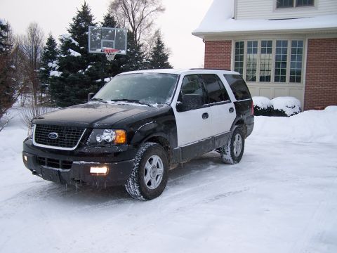 2004 Ford Expedition - A two-tone 2004 Ford Expedition is parked in a snowy driveway with a basketball hoop in the background.