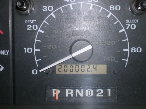 1996 Ford Bronco - Close-up of a Ford instrument cluster speedometer reading 0 mph, with the mechanical odometer rolled to 200002.4 miles. The 0-80 MPH outer…