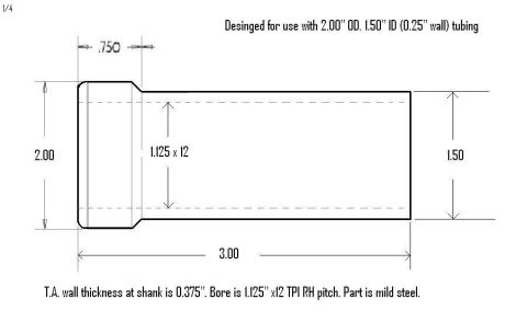 1991 Ford Bronco - Dimensioned engineering drawing of a threaded steel bung with bore, length and thread specs for 2.00 inch OD, 1.50 inch ID tubing.