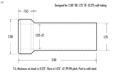 1991 Ford Bronco - Dimensioned engineering drawing of a threaded steel bung with bore, length and thread specs for 2.00 inch OD, 1.25 inch ID tubing.