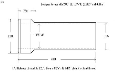 1991 Ford Bronco - Dimensioned engineering drawing of a threaded steel bung with bore, length and thread specs for 2.00 inch OD, 1.375 inch ID tubing.
