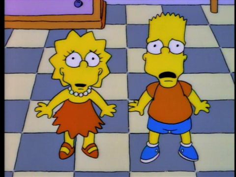 1988 Mercury Grand Marquis - Bart and Lisa stand on a checkered floor with worried expressions.