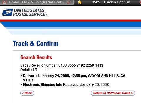 1993 Ford Taurus - USPS tracking information shows package delivered January 24, 2008, in Woodland Hills, CA.