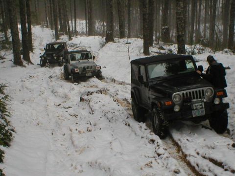 2005 Jeep Wrangler - Three Jeep Wranglers navigate a snowy forest trail, with the lead vehicle in a 3/4 front view.
