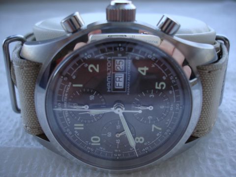 1994 Ford Bronco - Close-up of a Hamilton Khaki Automatic watch face showing the time and date.