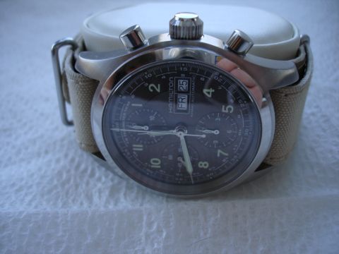 1994 Ford Bronco - A close-up view of a Hamilton Khaki Automatic watch, showing its detailed dial and chronograph functions.
