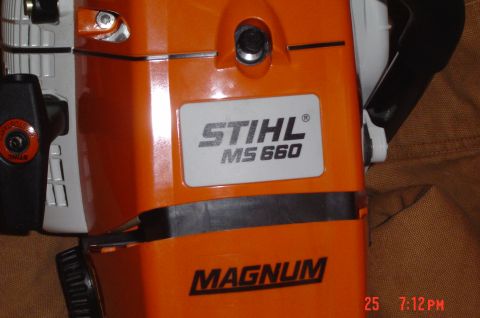 1946 Ford F1 - Close-up view of the Stihl MS 660 Magnum chainsaw, showing the model and branding.
