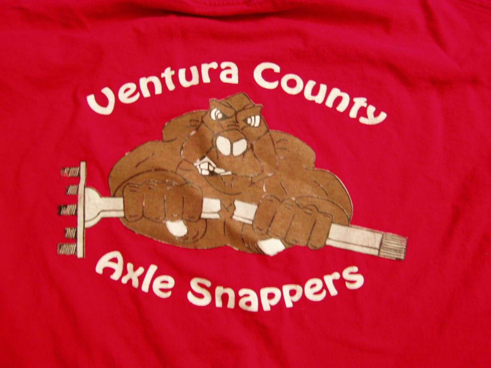 Red t-shirt with beaver holding broken axle, 'Ventura County Axle Snappers'