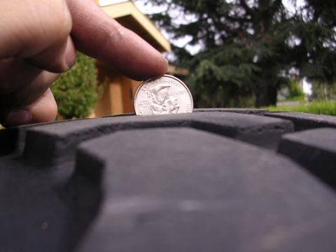 1983 Ferrari Enzo - Measuring tire tread depth with a quarter coin.