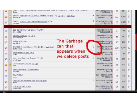 1993 Ford Bronco - A forum screenshot highlights a trash can icon, which appears when posts are deleted.