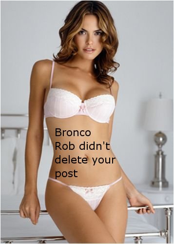 1993 Ford Bronco - A forum joke image: a stock photo of a model in pale pink lingerie standing in a bedroom, overlaid with black text reading "Bronco Rob didn…
