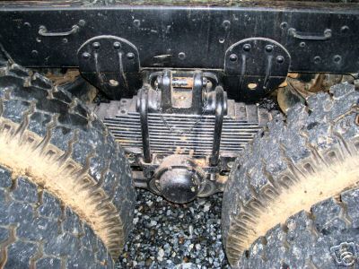 1968 Jeep CJ5 - Close-up view of the rear axle and leaf spring suspension system on a large truck.