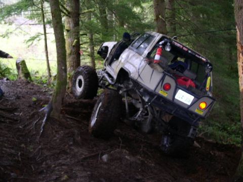 1979 Ford Bronco - An off-road vehicle navigates a steep, wooded incline with large, knobby tires.