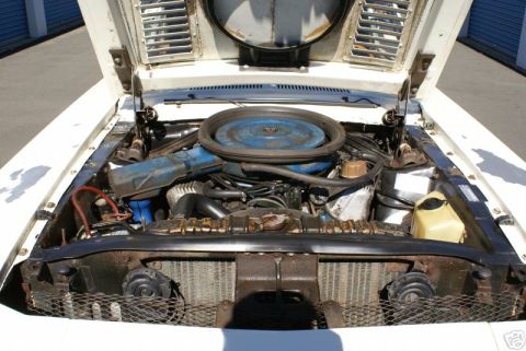 1968 Shelby GT500 - The engine compartment of a white vehicle is visible with the hood raised, revealing the engine and associated components.